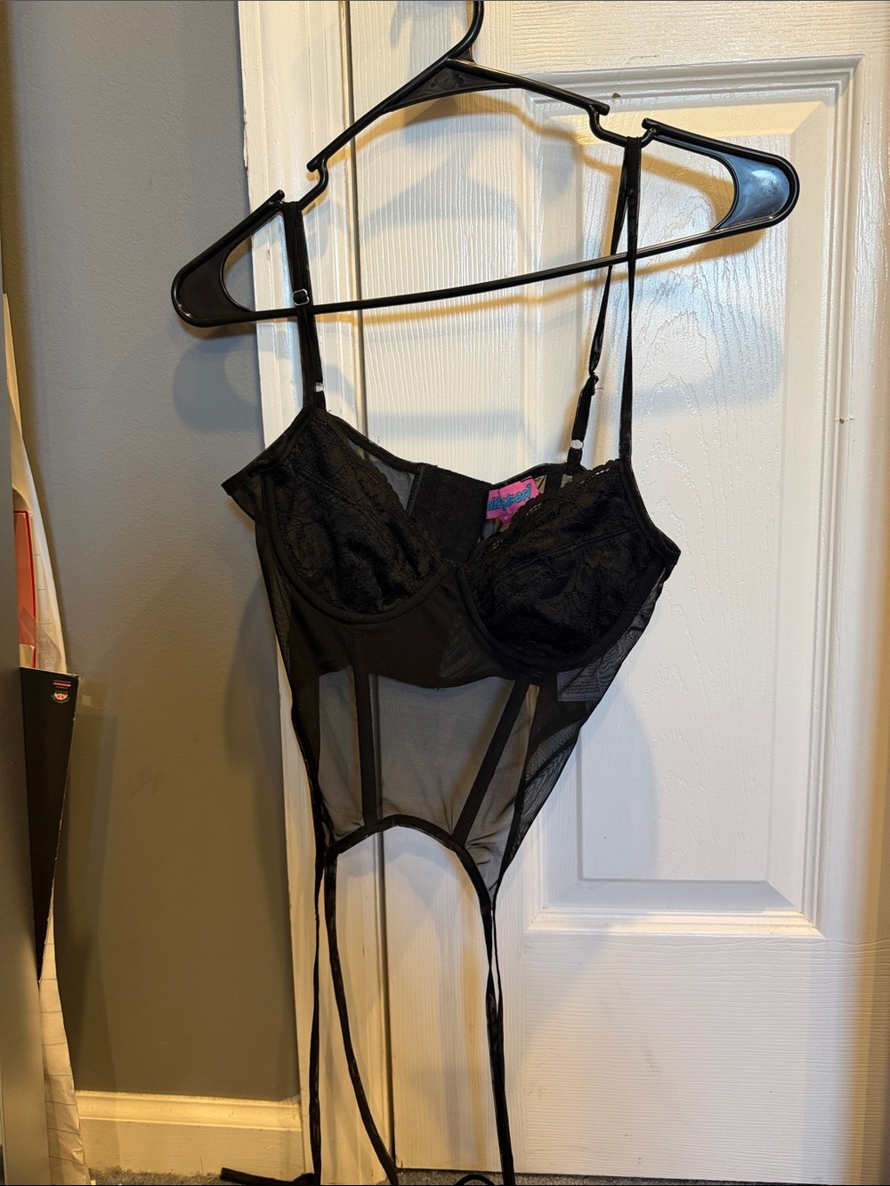 Edikted Black Lace & Mesh Bodysuit with Garter Straps